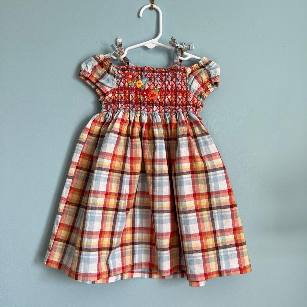 Gymboree Red Plaid Smocked Dress with Floral Embroidery